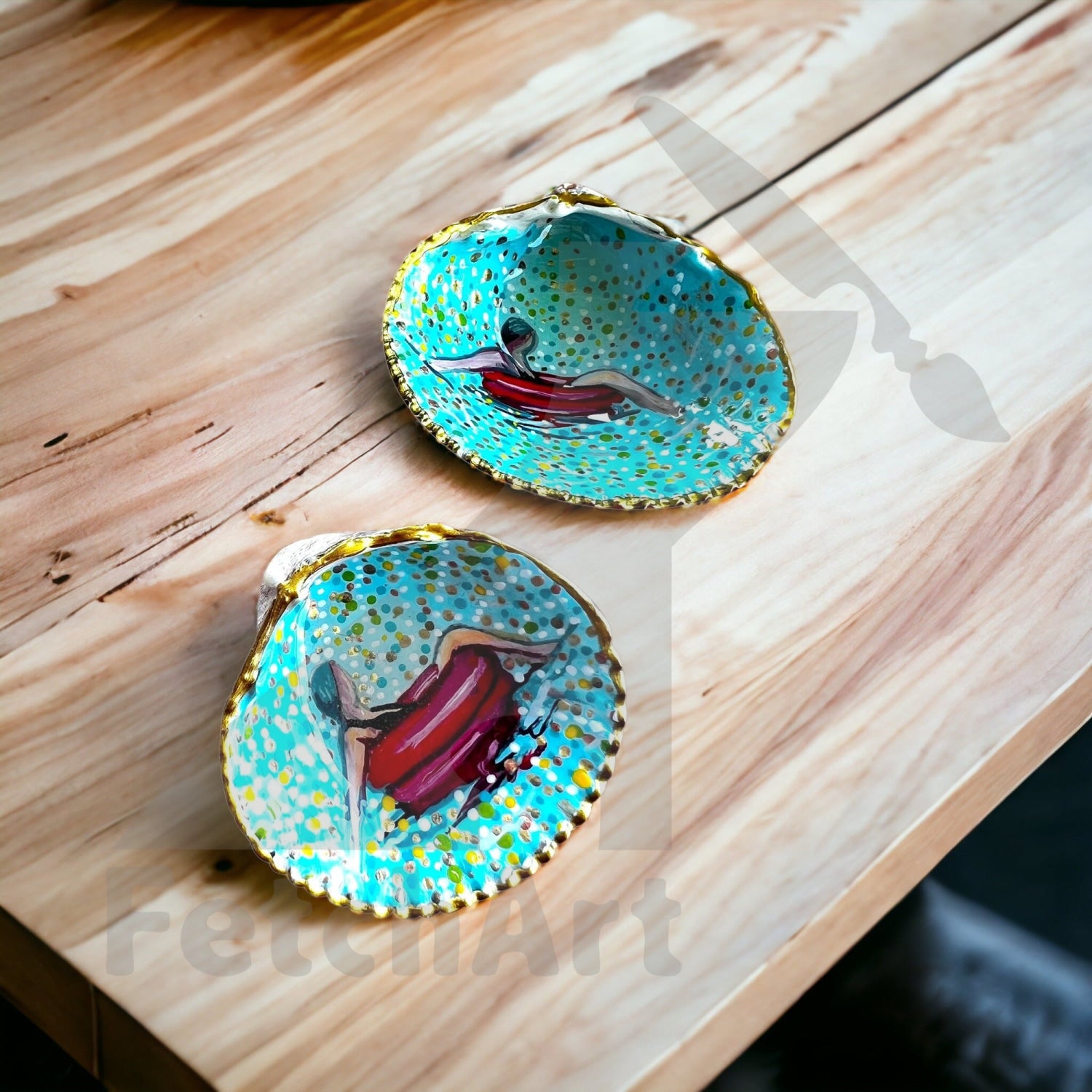 2 Large Real Seashells with Acrylic Painting of a Woman on a Float