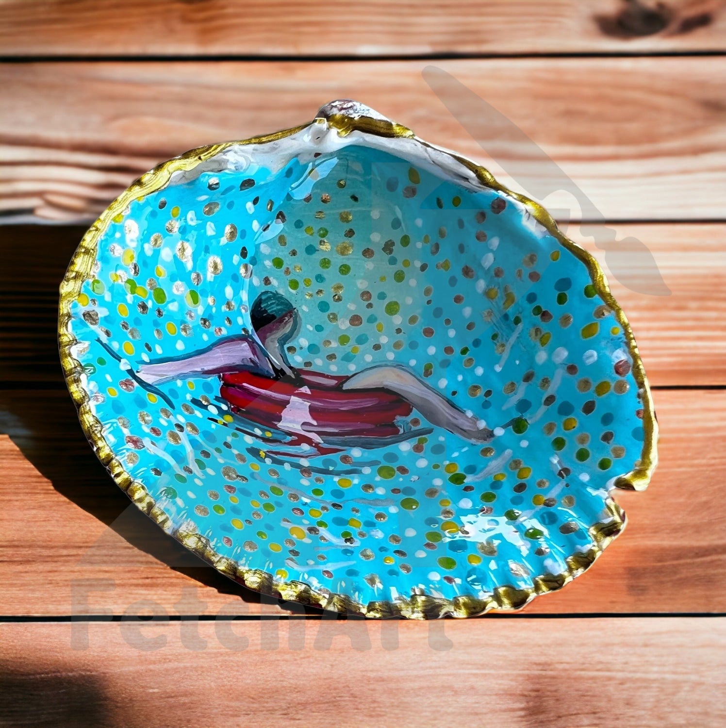 Large Real Seashell with Acrylic Painting of a Woman on a Float, added Colourful Dots