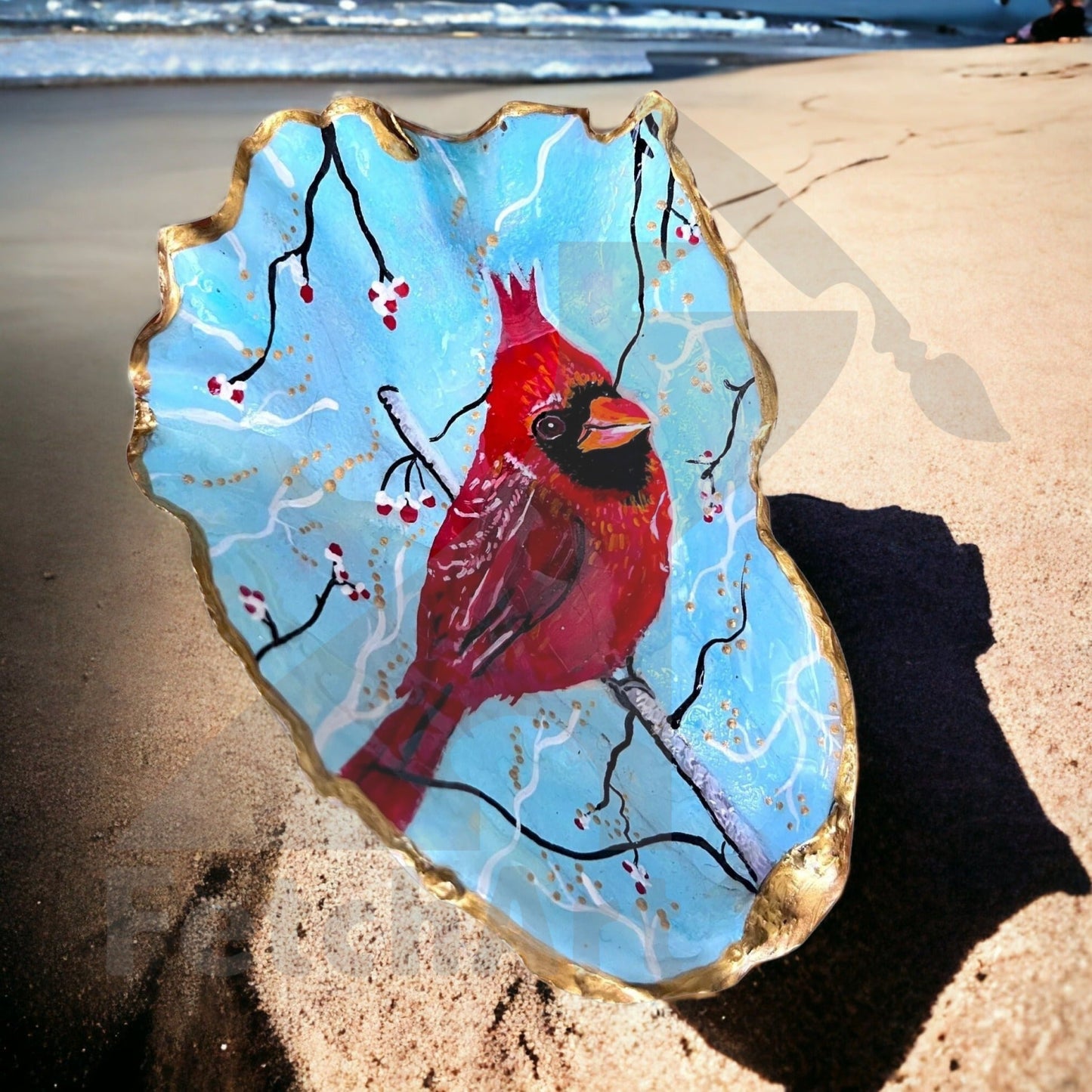 Real Large Seashell from Sunshine Coast with Original Acrylic Painting-Red Cardinal