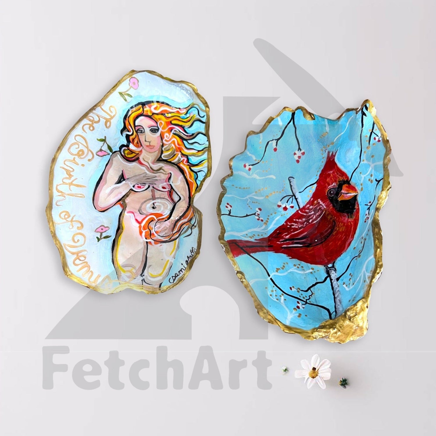 Large Handmade Seashell Paintings - Cardinal & Venus - Original Art for Home Decor by Skilled Artist Fetch Art