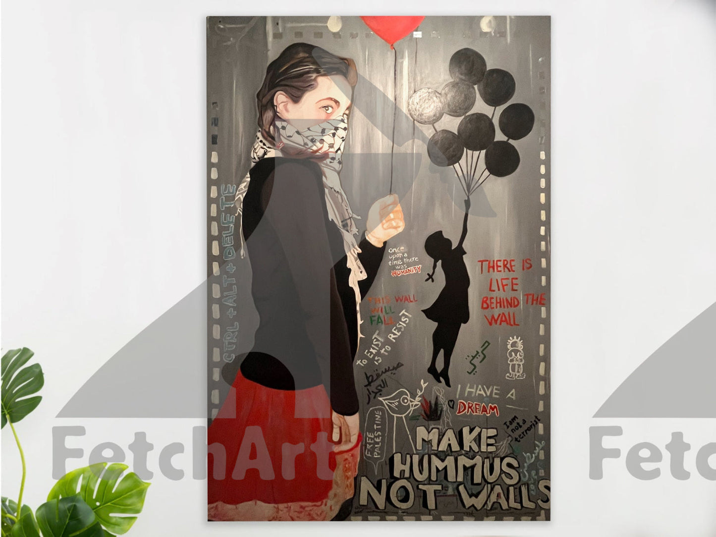 Make Hummus NOT Walls - Large Oil Colour Painting - Fetch Art