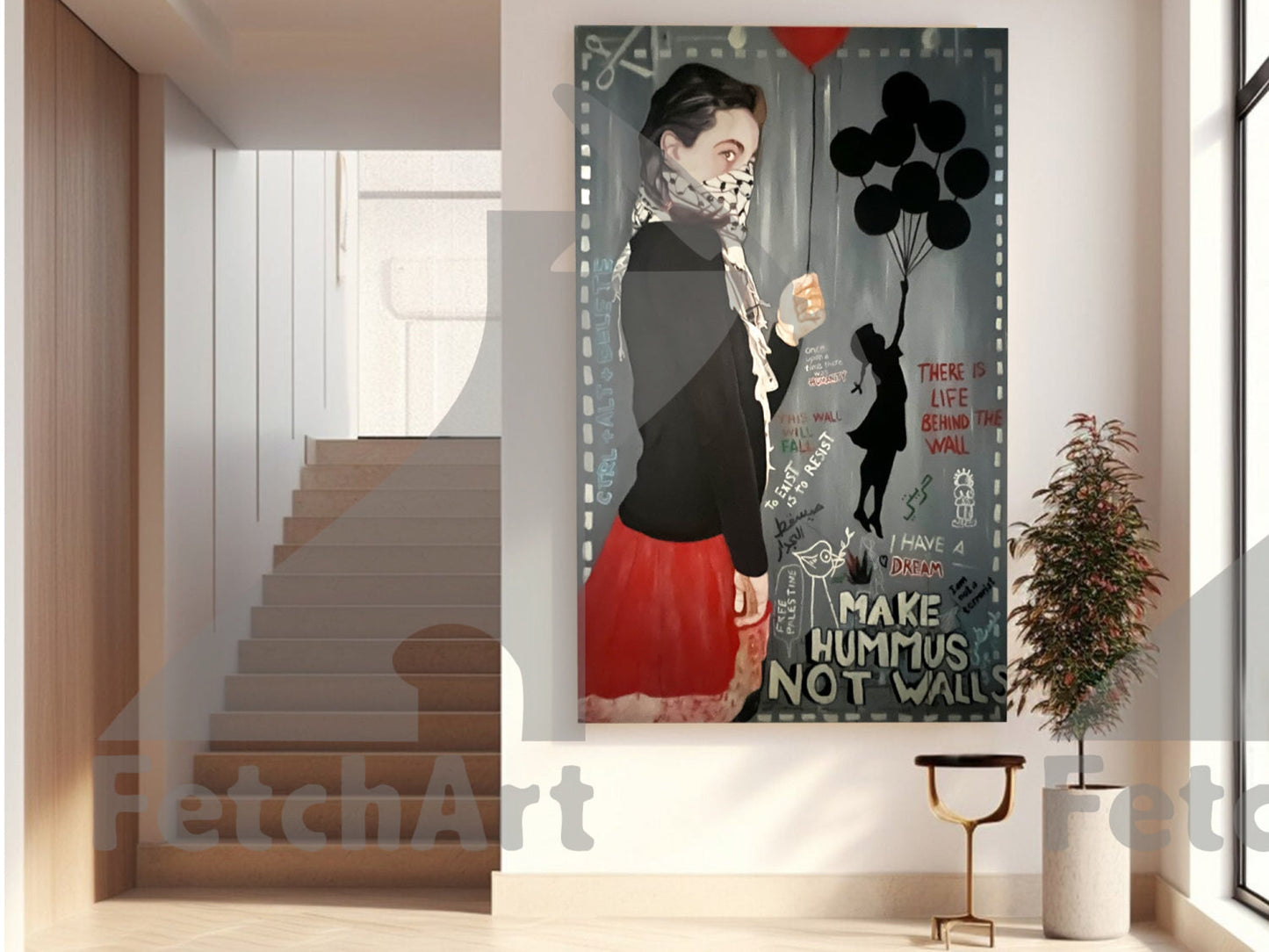 Make Hummus NOT Walls - Large Oil Colour Painting - Fetch Art