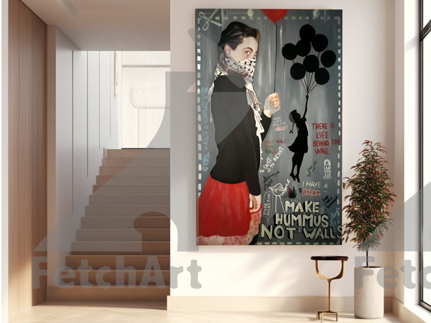 Make Hummus NOT Walls - Large Oil Colour Painting - Fetch Art