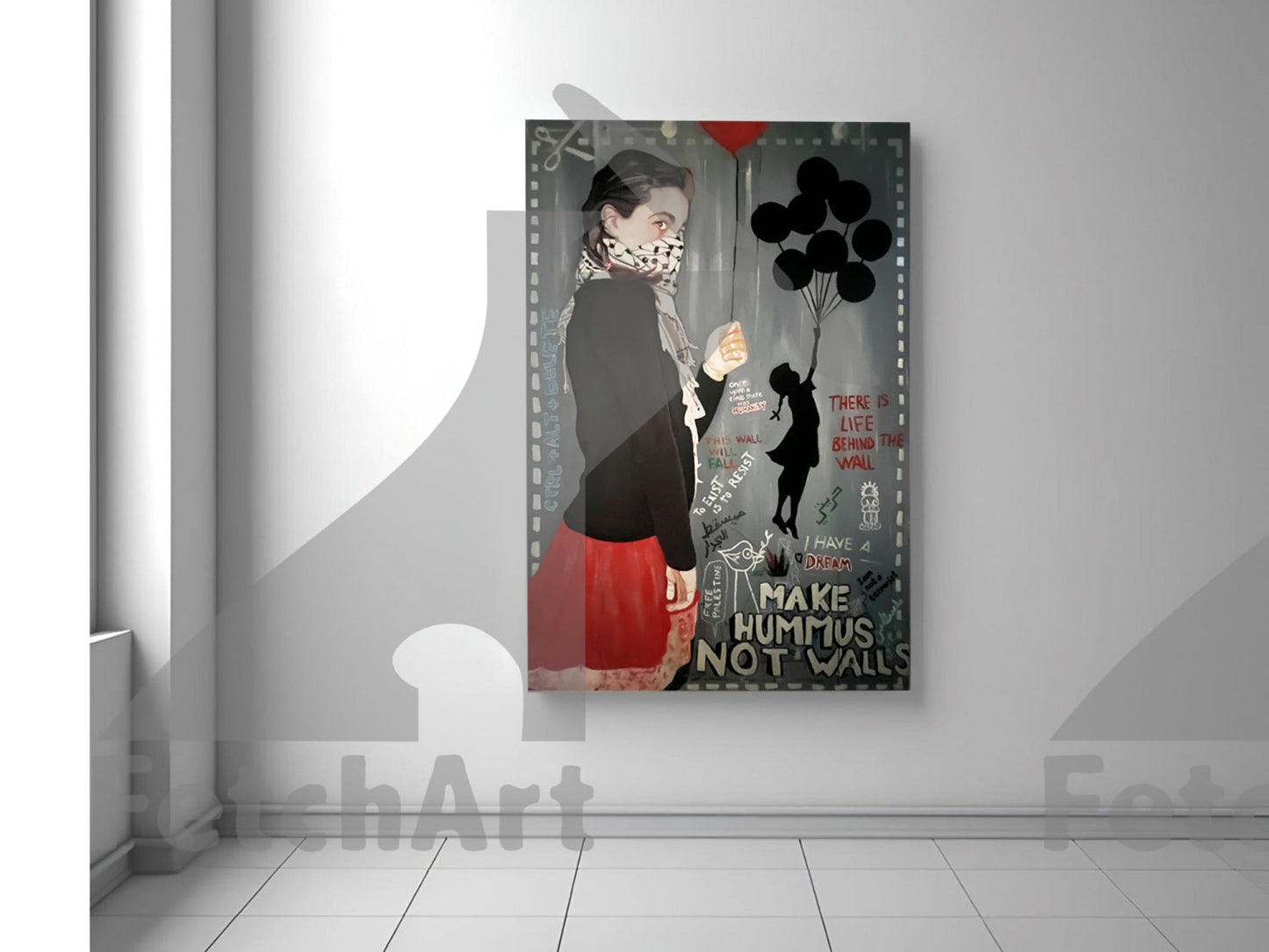 Make Hummus NOT Walls - Large Oil Colour Painting - Fetch Art