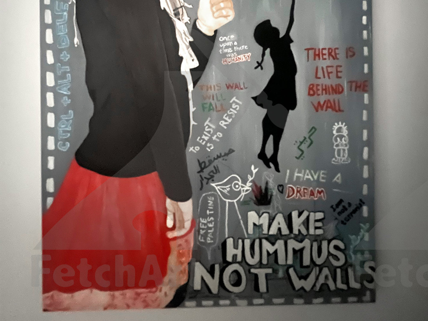 Make Hummus NOT Walls - Large Oil Colour Painting - Fetch Art