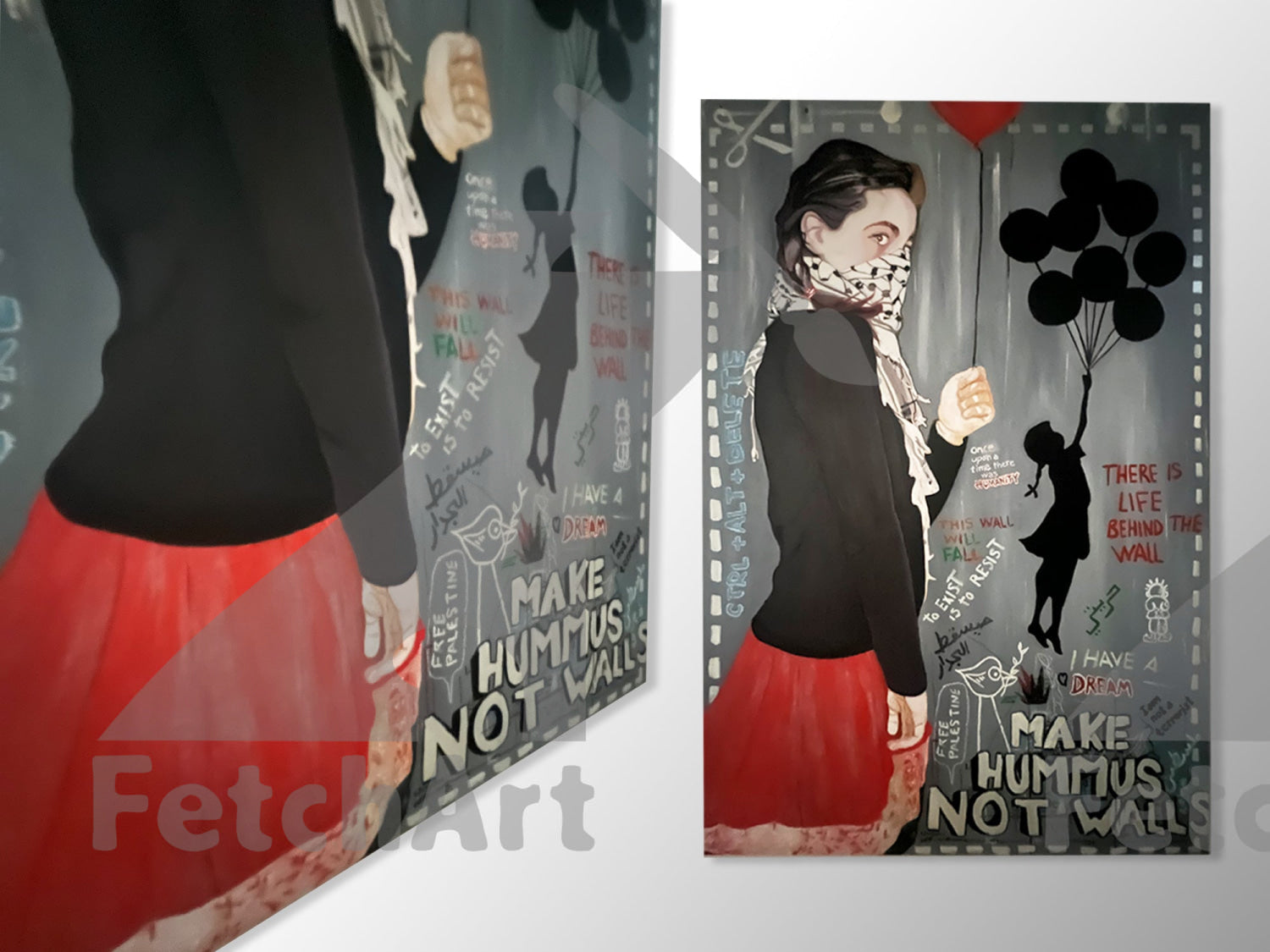 Make Hummus NOT Walls - Large Oil Colour Painting - Fetch Art