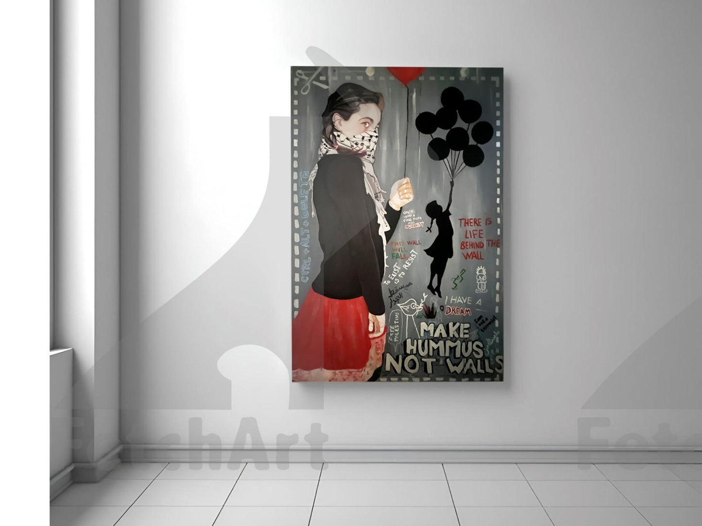 Make Hummus NOT Walls - Large Oil Colour Painting - Fetch Art