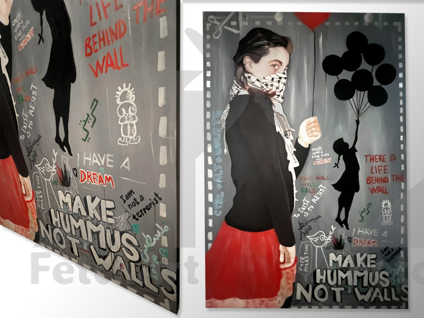 Make Hummus NOT Walls - Large Oil Colour Painting - Fetch Art