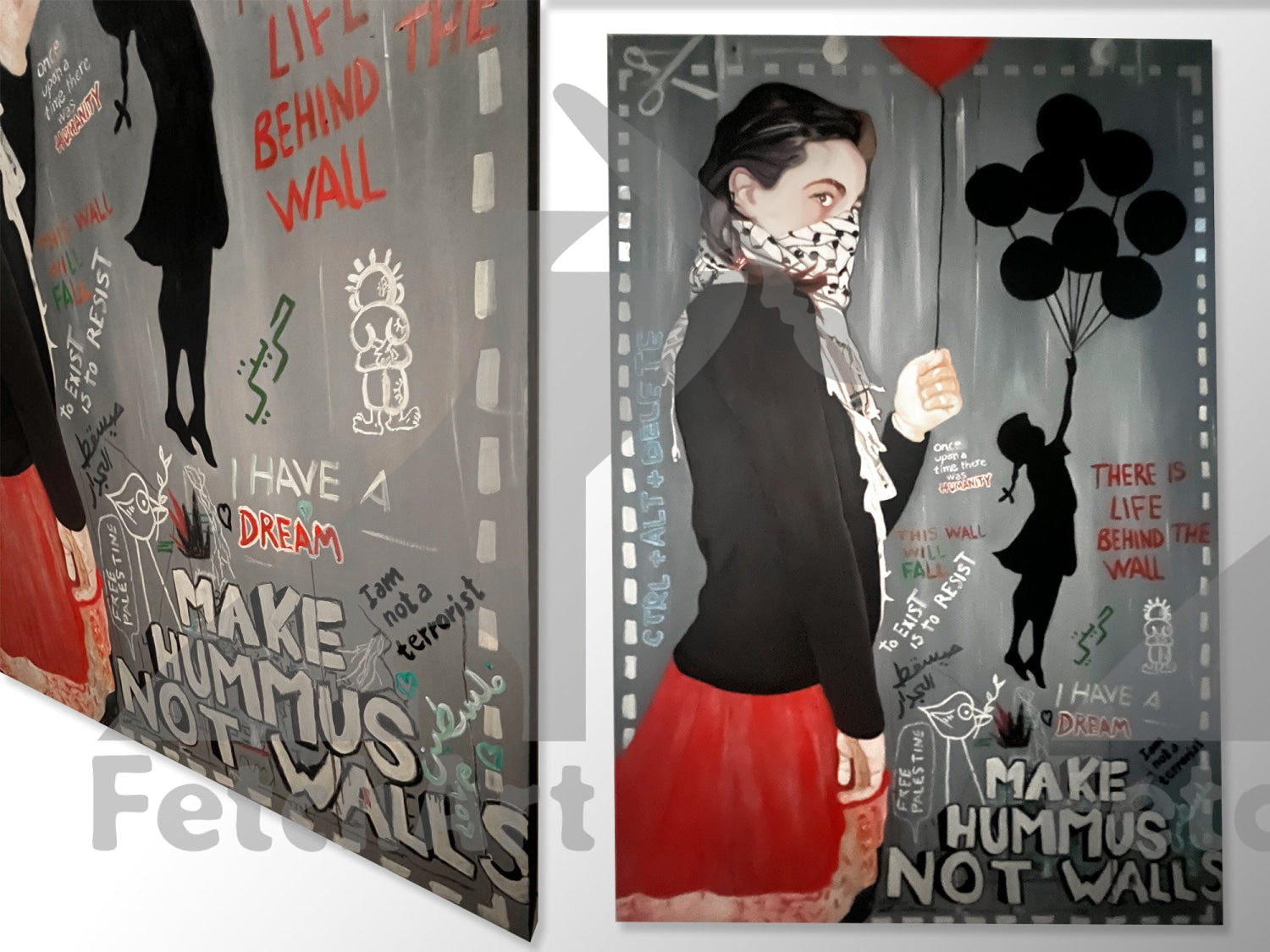 Make Hummus NOT Walls - Large Oil Colour Painting - Fetch Art