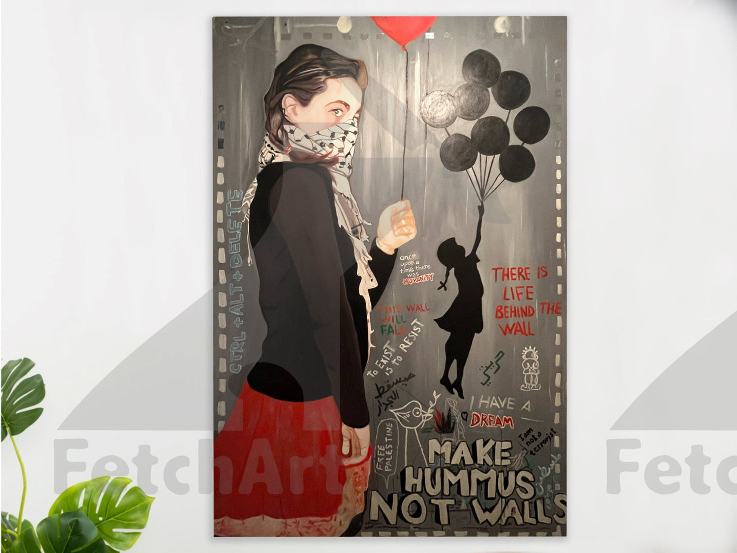 Make Hummus NOT Walls - Large Oil Colour Painting - Fetch Art