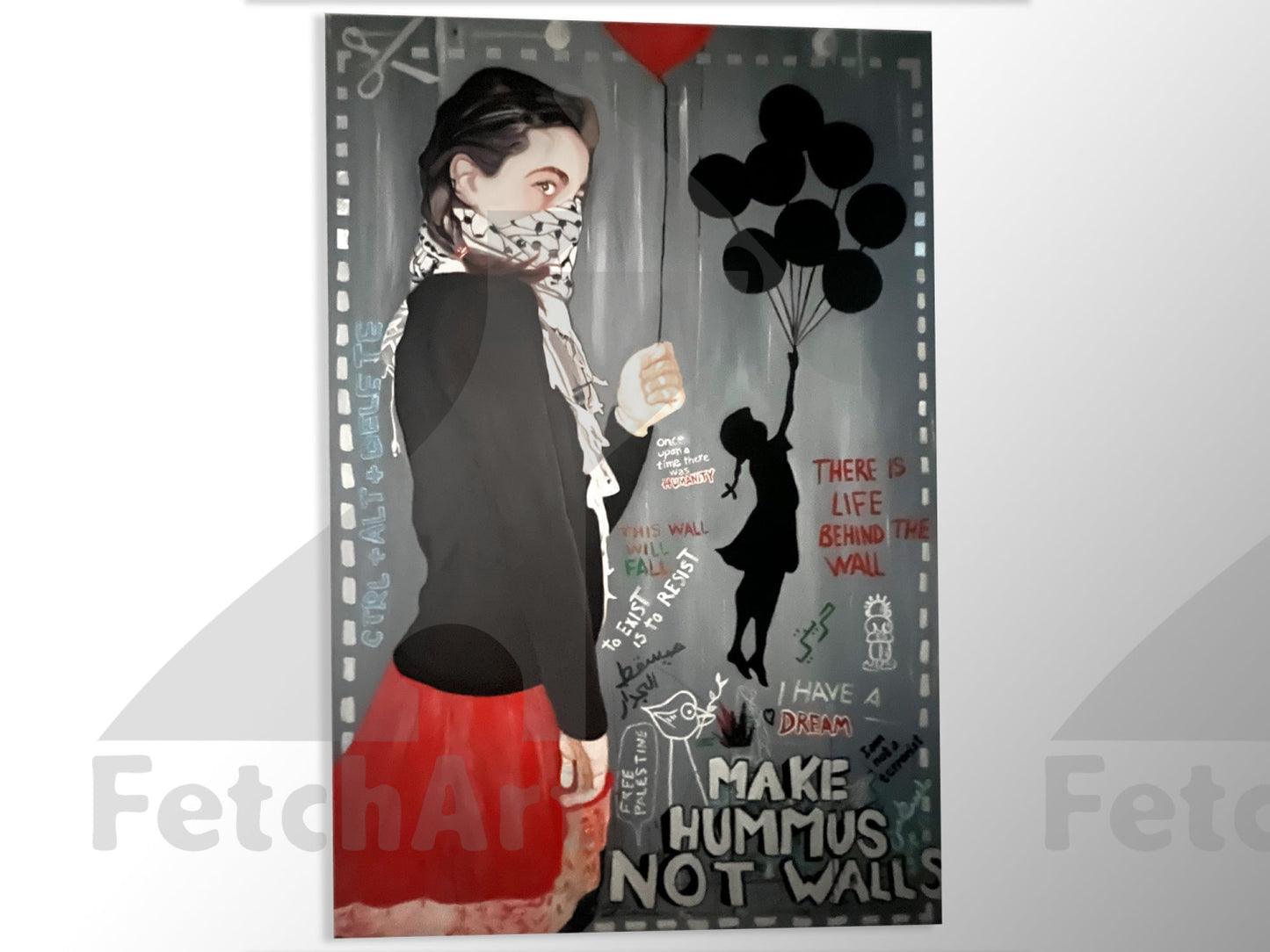 Make Hummus NOT Walls - Large Oil Colour Painting - Fetch Art