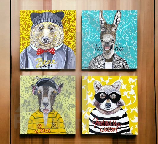 Original Acrylic Animal Portraits on Canvas: Bear, Donkey, Raccoon, Goat Dressed as Humans - Whimsical Home Decor - Fetch Art