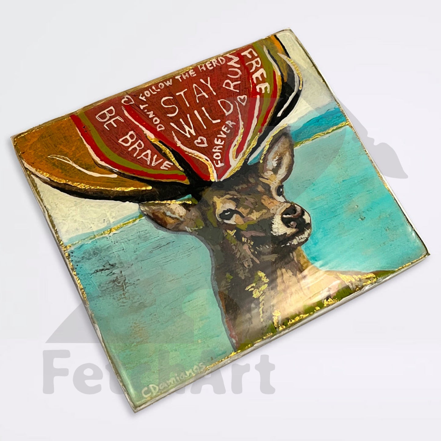 Original Acrylic Painting Textured Deer and Poppy Flower Nature Wall Art Deer Acrylic