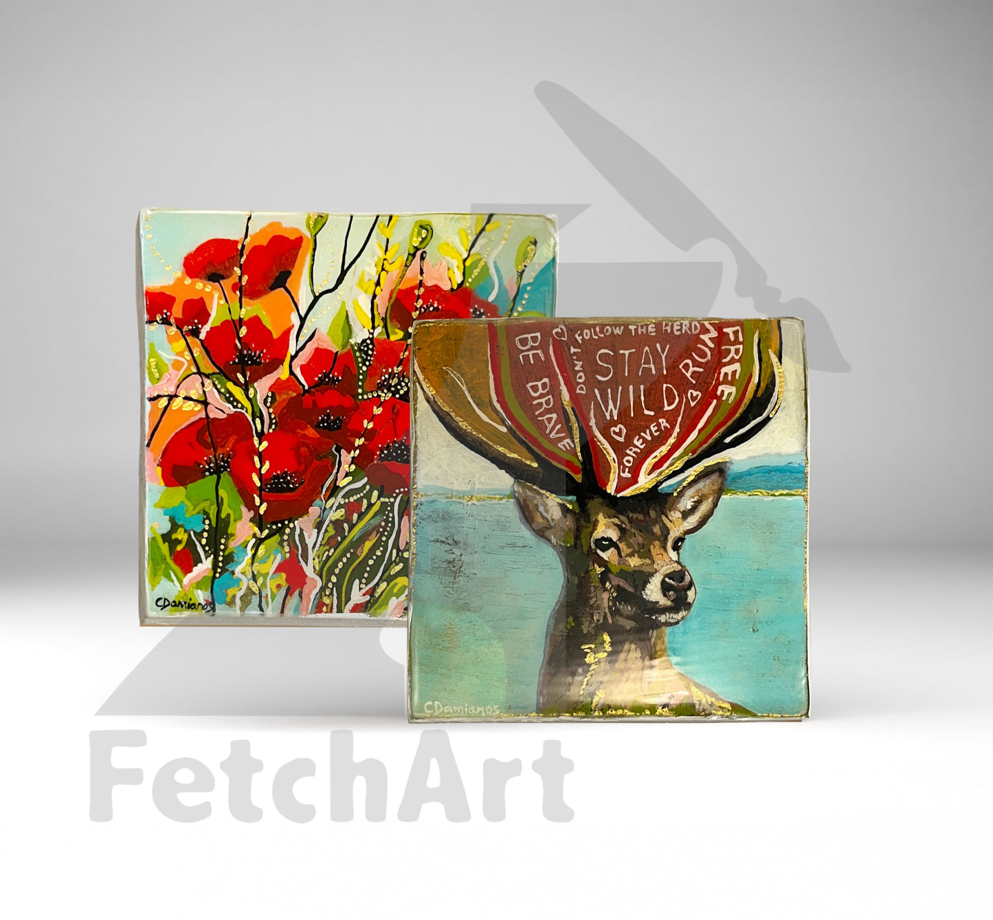 Original Acrylic Painting Textured Deer and Poppy Flower Nature Wall Art Acrylic