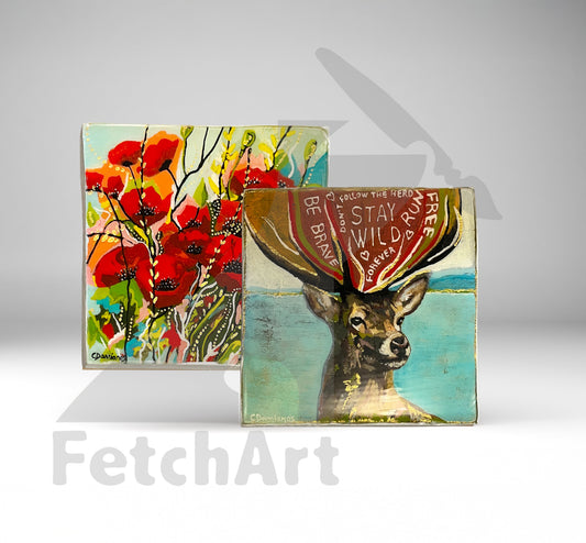 Original Acrylic Painting Textured Deer and Poppy Flower Nature Wall Art Acrylic