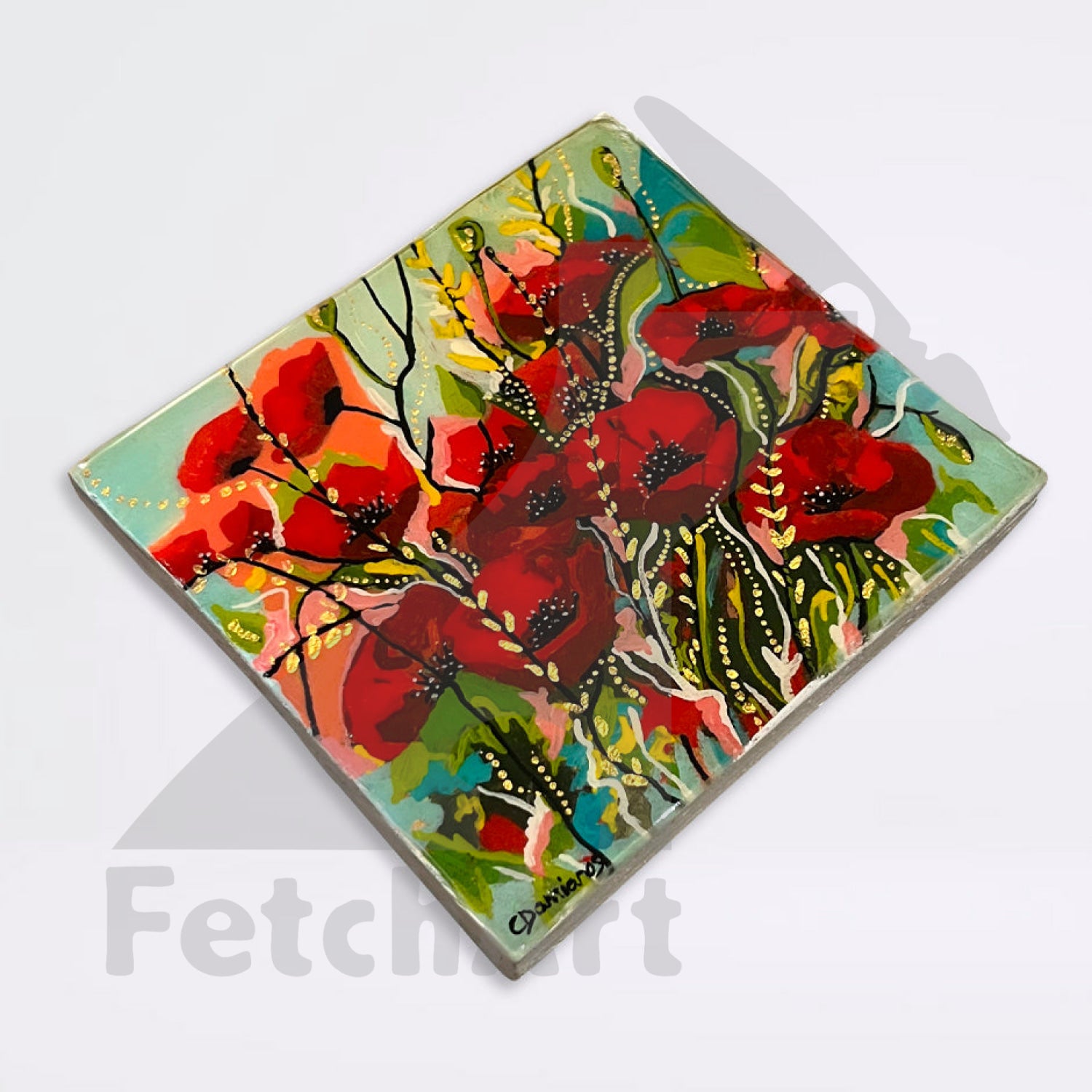 Original Acrylic Painting Textured Deer and Poppy Flower Nature Wall Art Poppy Acrylic