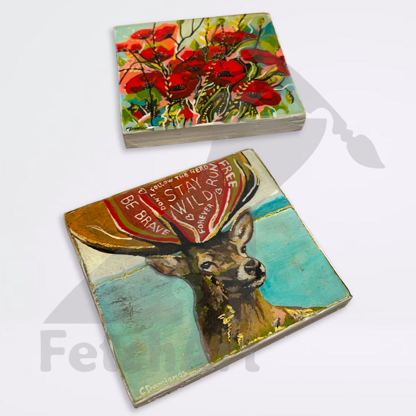 Original Acrylic Painting Textured Deer and Poppy Flower Nature Wall Art Acrylic