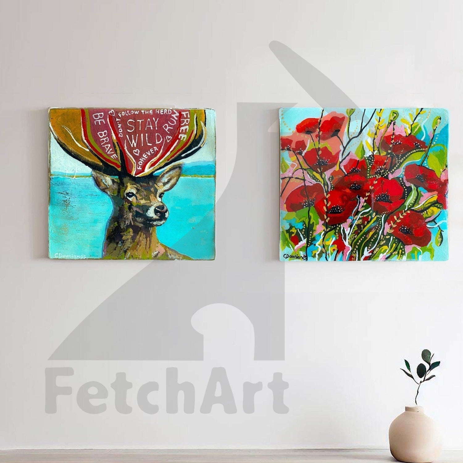 Original Acrylic Painting: Textured Nature Deer Poppy Flower Painting - Modern Art - Hand Painted Wood/Canvas Wall Art Fetch Art