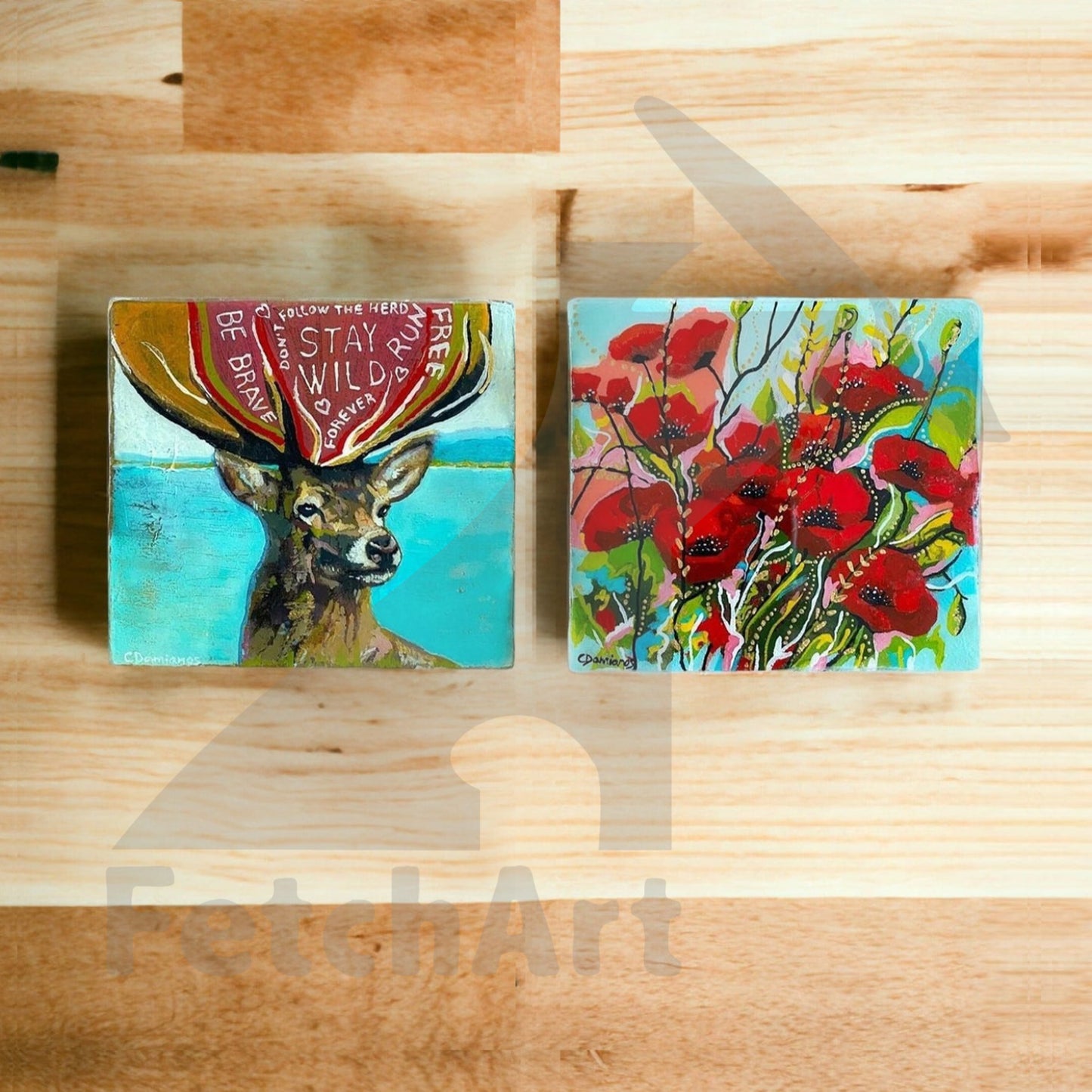 Original Acrylic Painting: Textured Nature Deer Poppy Flower - Modern Art - Hand Painted Wall Art - Fetch Art