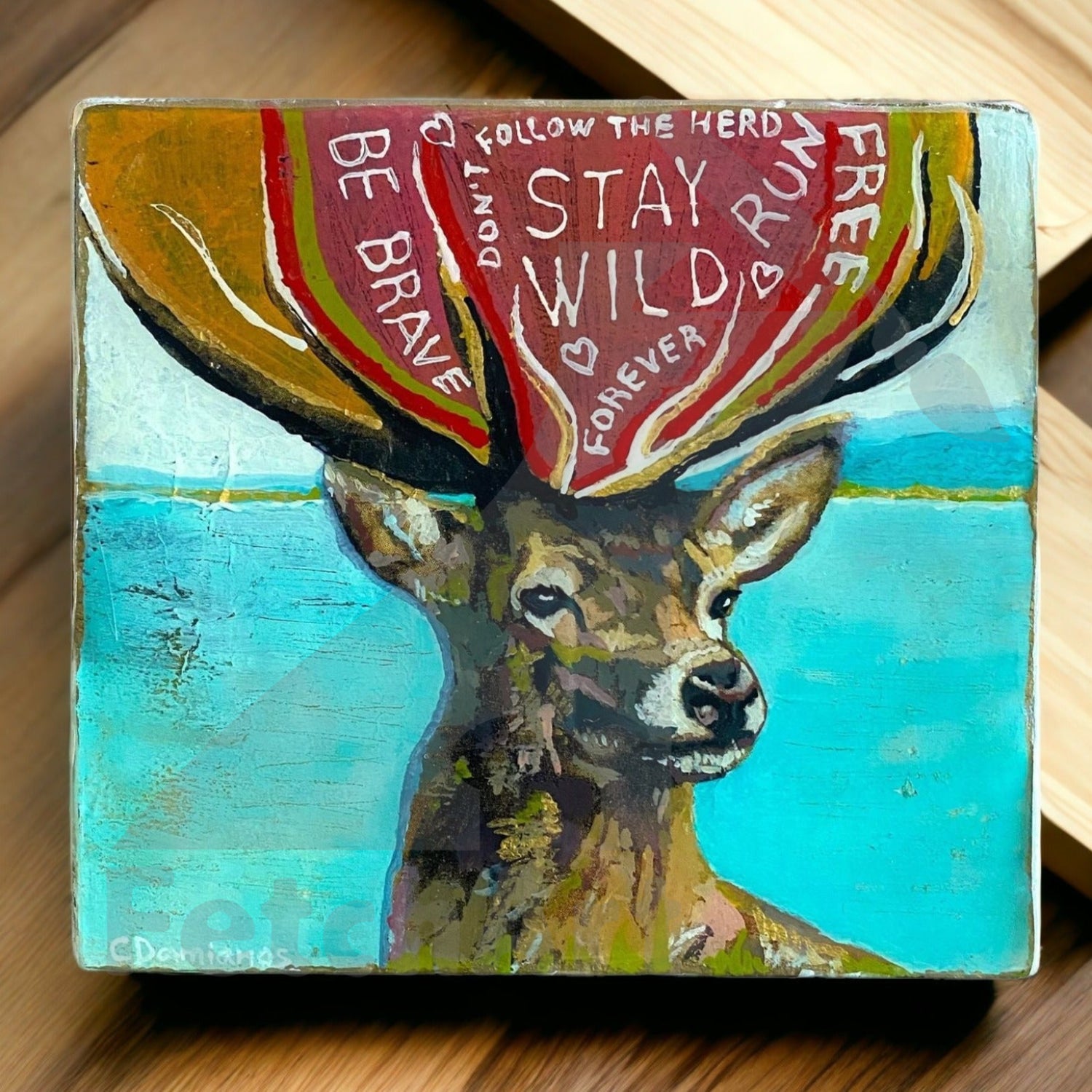 Acrylic Square Painting on Natural Wood with a Deer and Quote Stay Wild, on Blue Background Coated with Resin -Nature Lovers