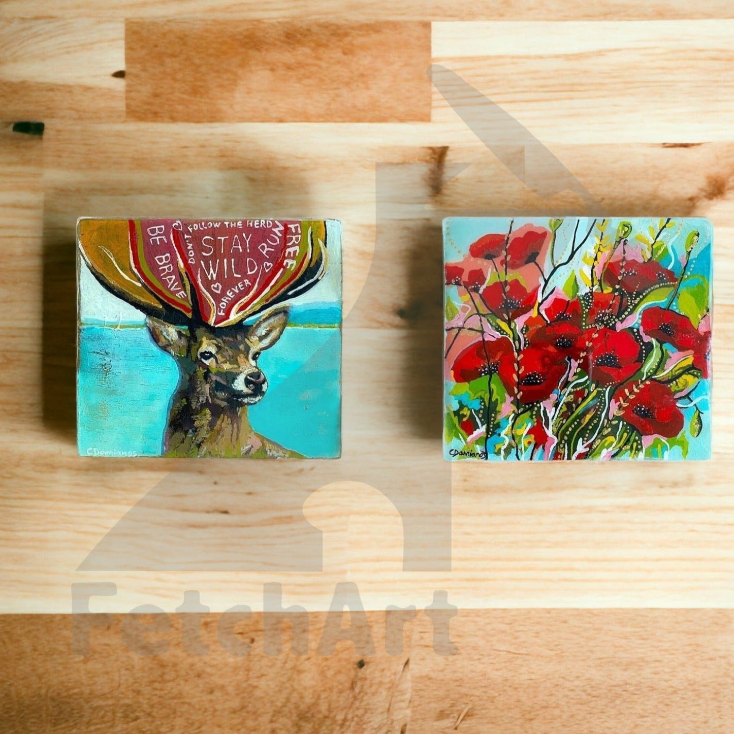 2 Beautiful Vibrant Paintings with Acrylic Colours of Poppy Flowers and a Deer