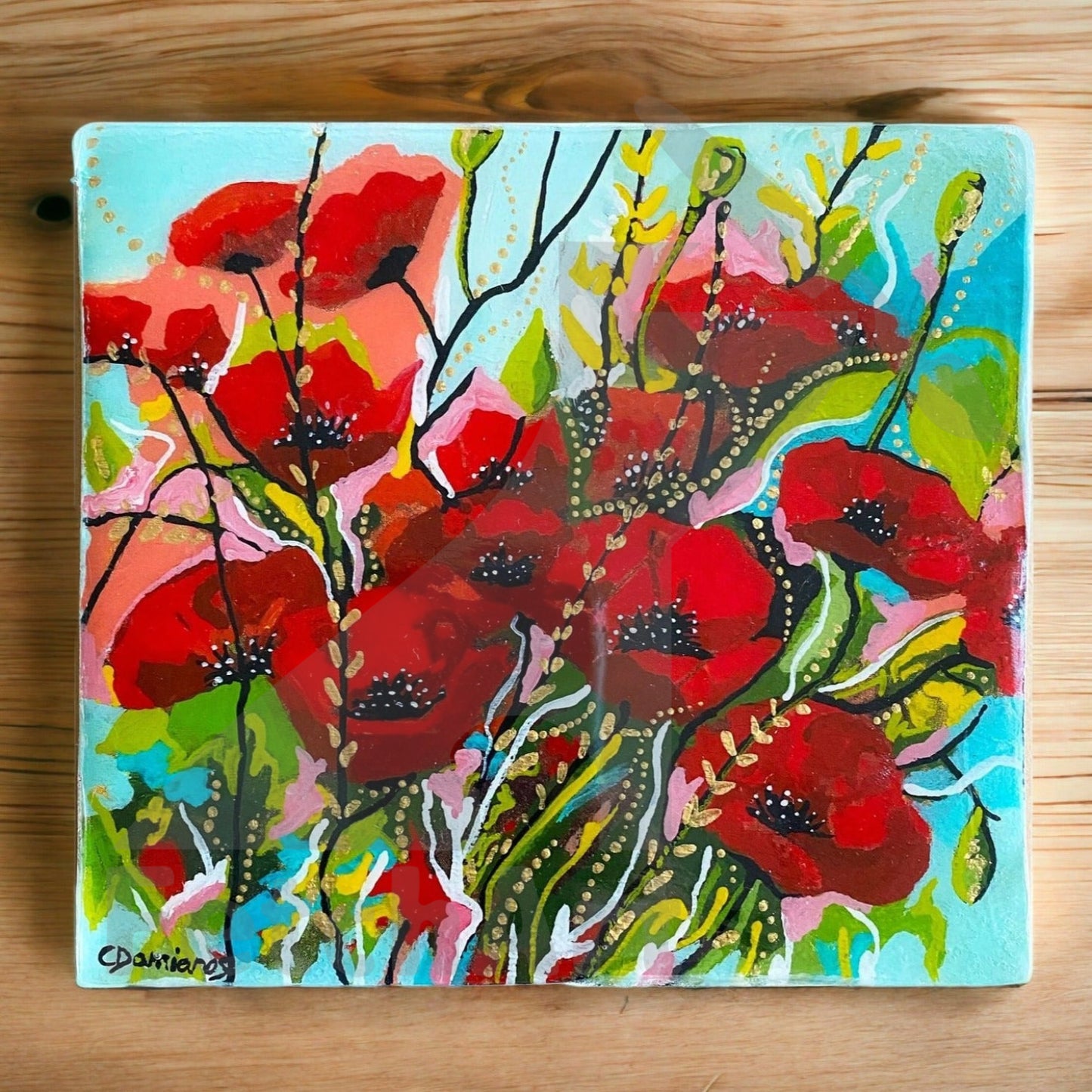 Acrylic Square Painting on Natural Wood with Red Poppies on Blue Background Coated with Resin