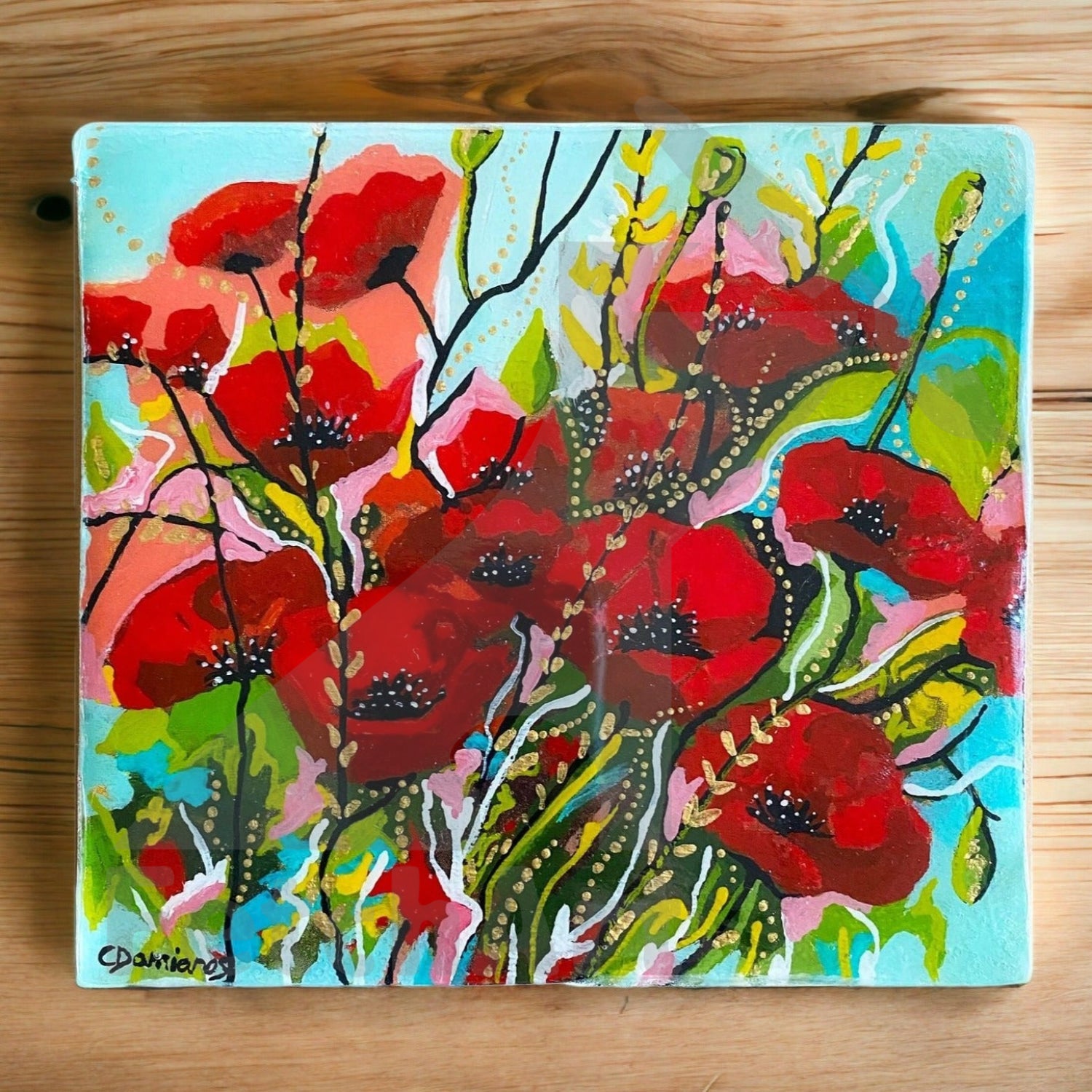 Acrylic Square Painting on Natural Wood with Red Poppies on Blue Background Coated with Resin