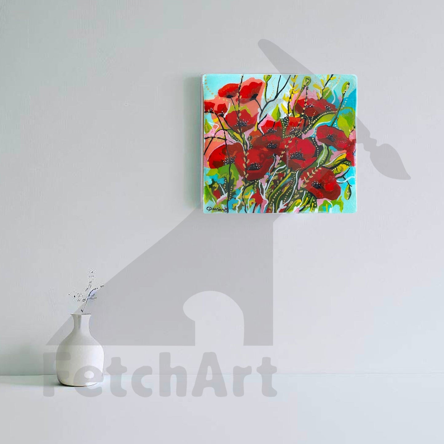 Original Acrylic Painting: Textured Nature Deer Poppy Flower Painting - Modern Art - Hand Painted Wood/Canvas Wall Art Fetch Art