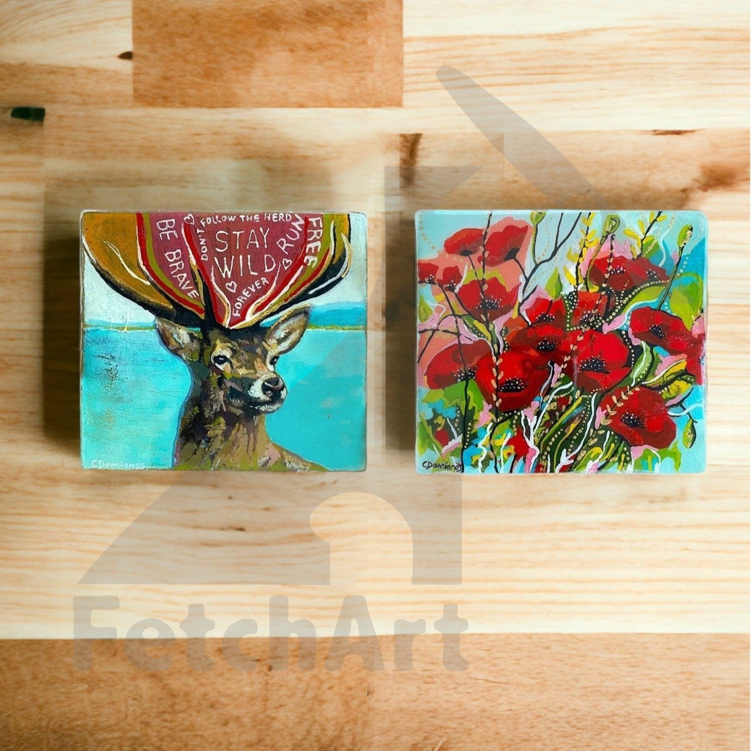 Original Acrylic Painting: Textured Nature Deer Poppy Flower - Modern Art - Hand Painted Wall Art - Fetch Art