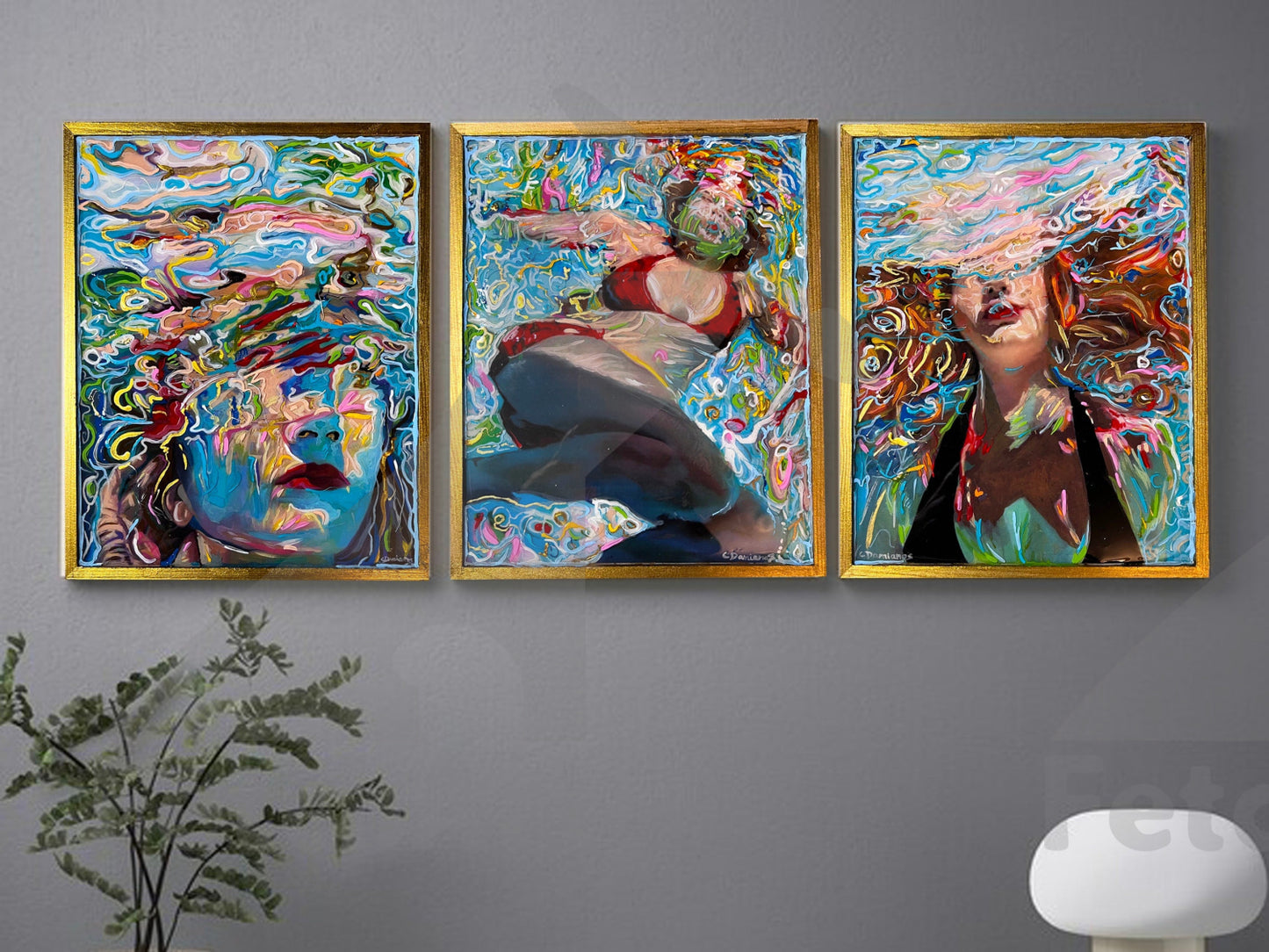 3 Acrylic Paintings of Women in Water. 