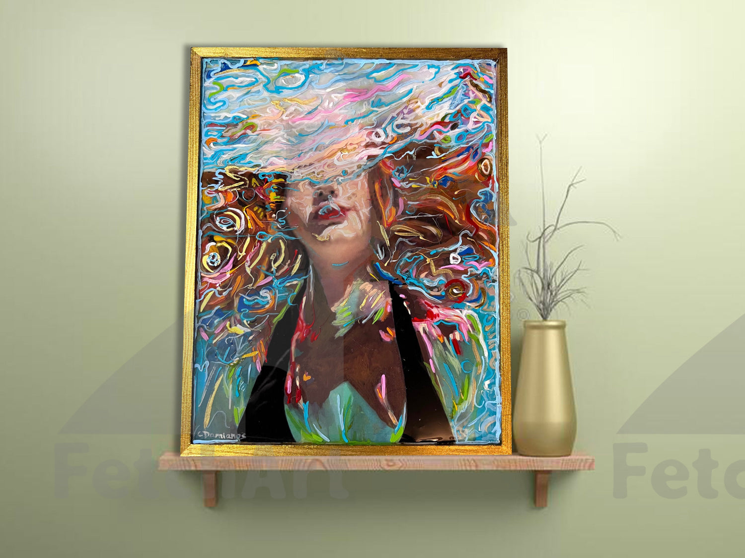 Acrylic Paintings of Woman in Water with Colourful Reflection. 