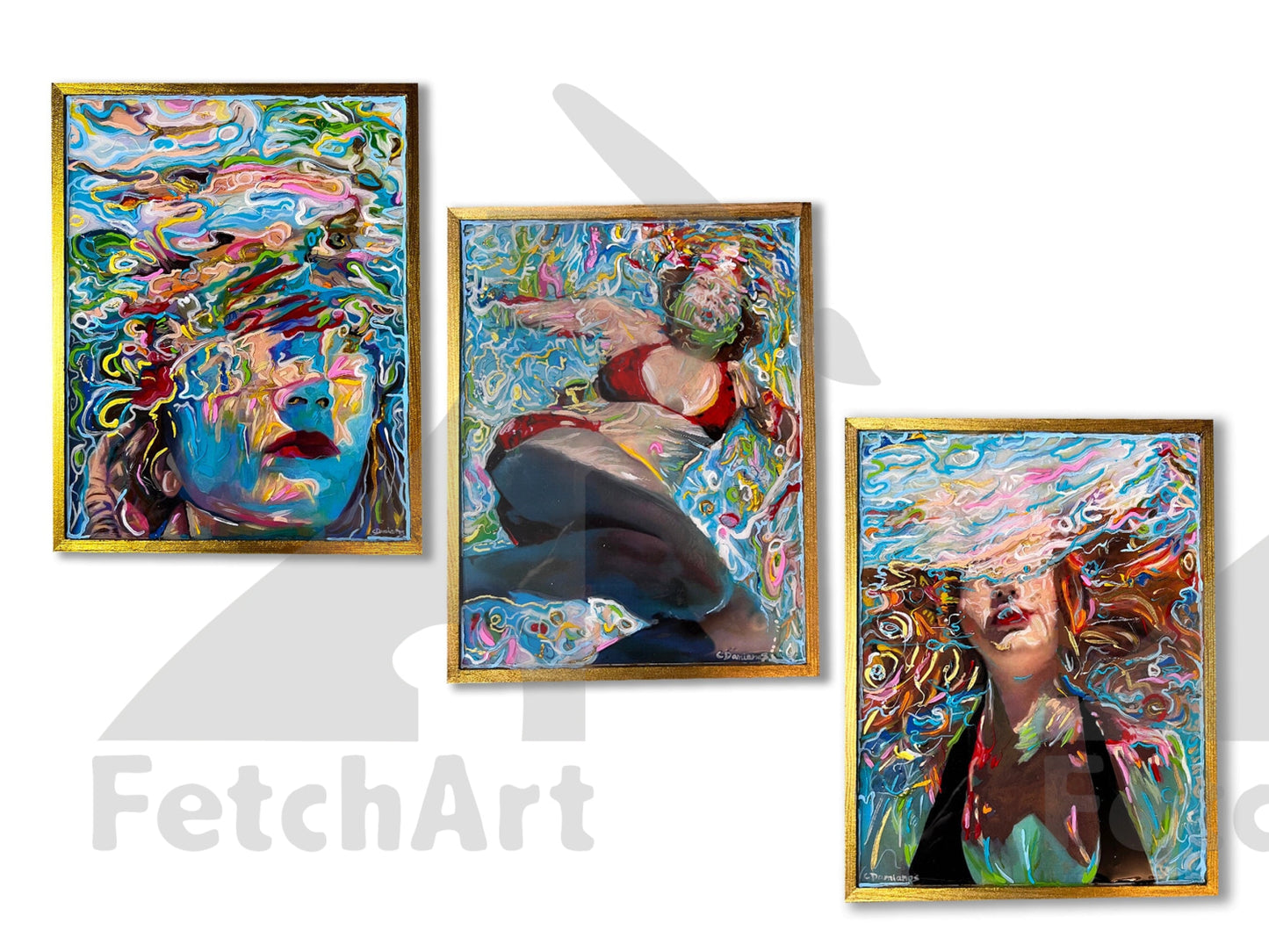 3 Acrylic Paintings of Women in Water. 