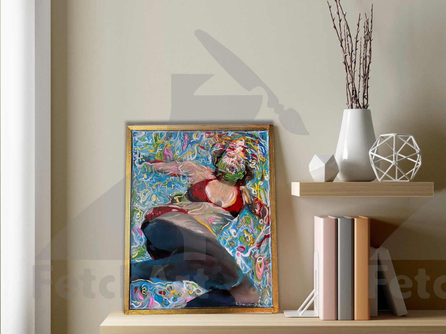 Acrylic Paintings of Woman in Water with Colourful Reflection. 