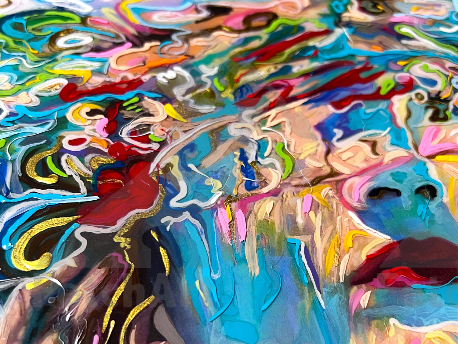 Facewith Red Bikini in Water with Acrylic painting Coated with resin. Gold Wood Frame