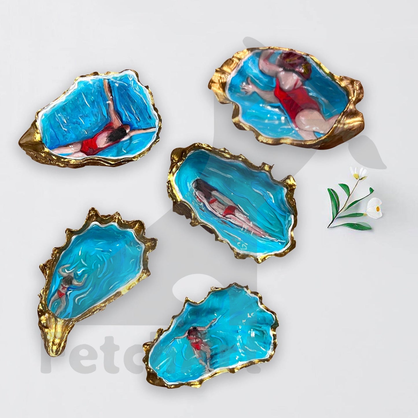 Large Sea Shell Ring Dish | Original Acrylic Painting Art | Woman Swimmer Beach | Resin and Gold Touch | Coastal Decor Fetch Art