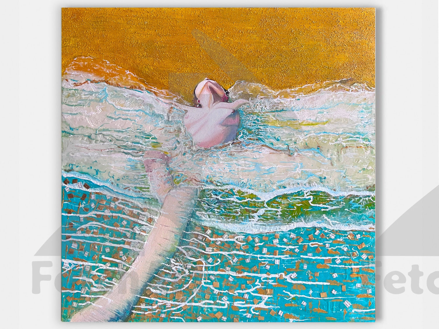 Original Painting | Ocean Beach Nudity Woman | Water Beach Summer Art | Oil Colours | Impressionist Canvas | Mixed Medium | Resin Fetch Art