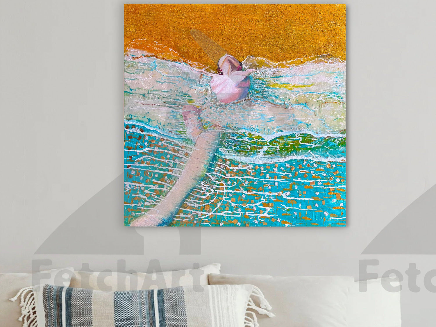 Original Painting | Ocean Beach Nudity Woman | Water Beach Summer Art | Oil Colours | Impressionist Canvas | Mixed Medium | Resin Fetch Art