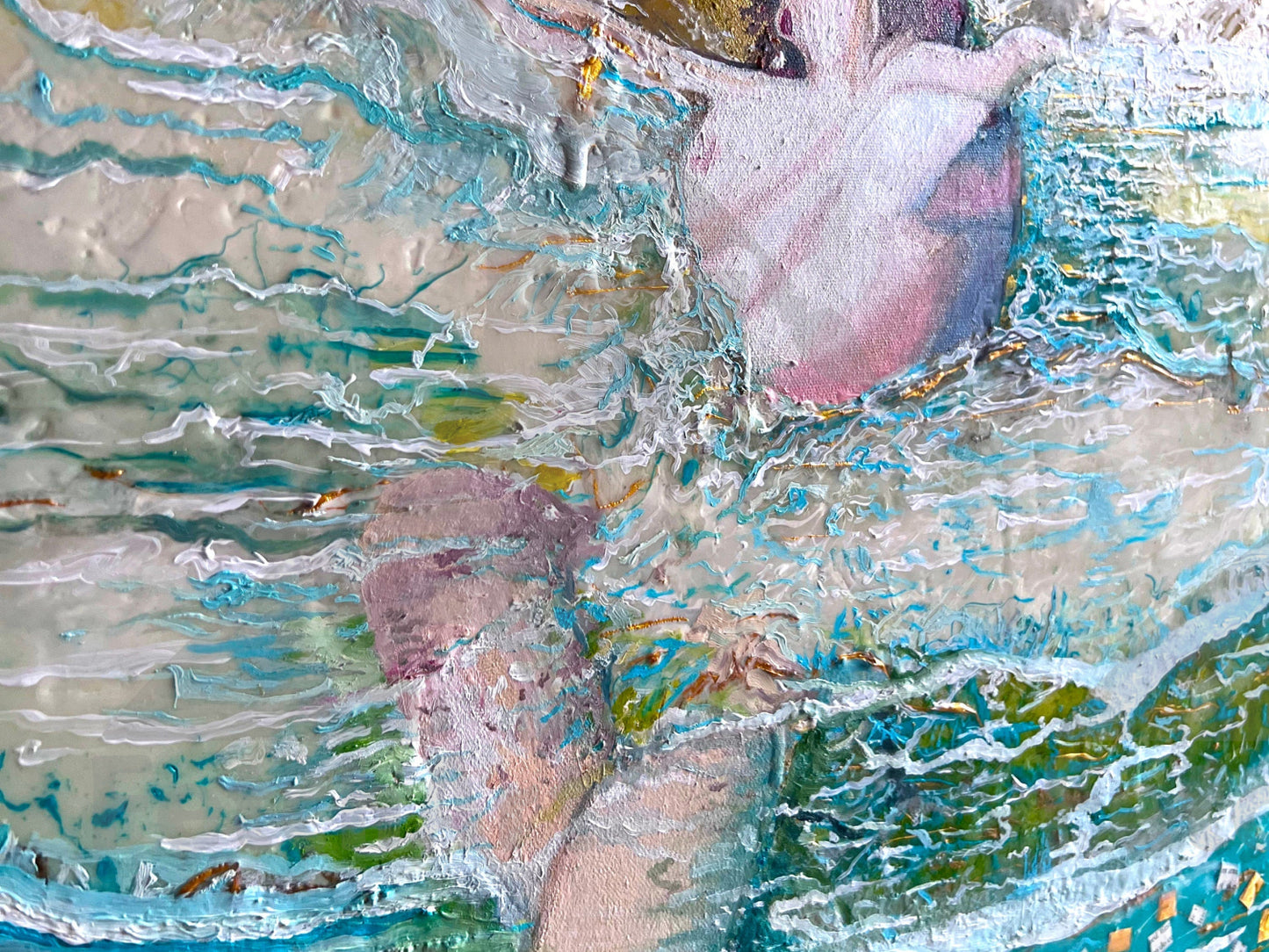 Original Painting | Ocean Beach Nudity Woman | Water Beach Summer Art | Oil Colours | Impressionist Canvas | Mixed Medium | Resin Fetch Art