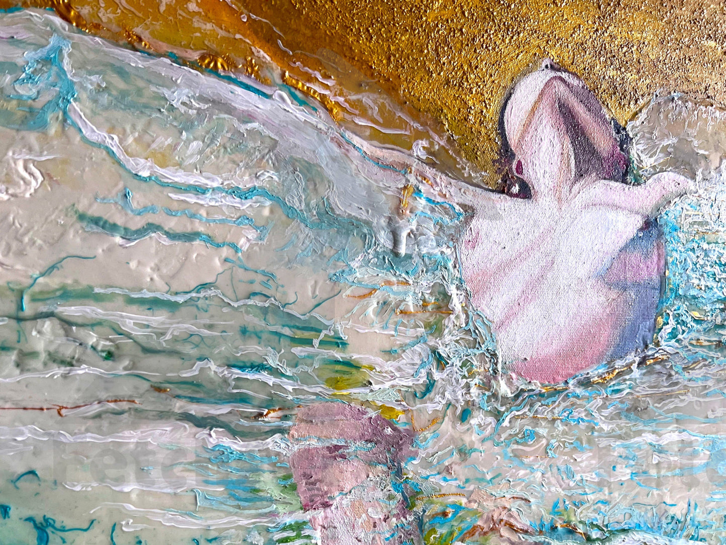 Original Painting | Ocean Beach Nudity Woman | Water Beach Summer Art | Oil Colours | Impressionist Canvas | Mixed Medium | Resin Fetch Art