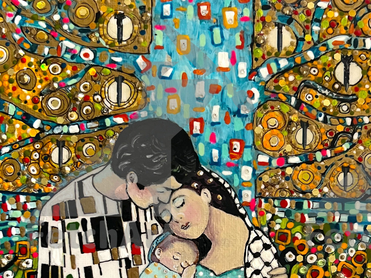 Original Palestinian Family Acrylic Painting Inspired by Gustav Klimt - Fetch Art