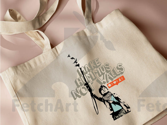 Powerful Graffiti Art Tote Bag - 'Make Hummus Not Walls' Print | Spread Peaceful Message - Fetch Art