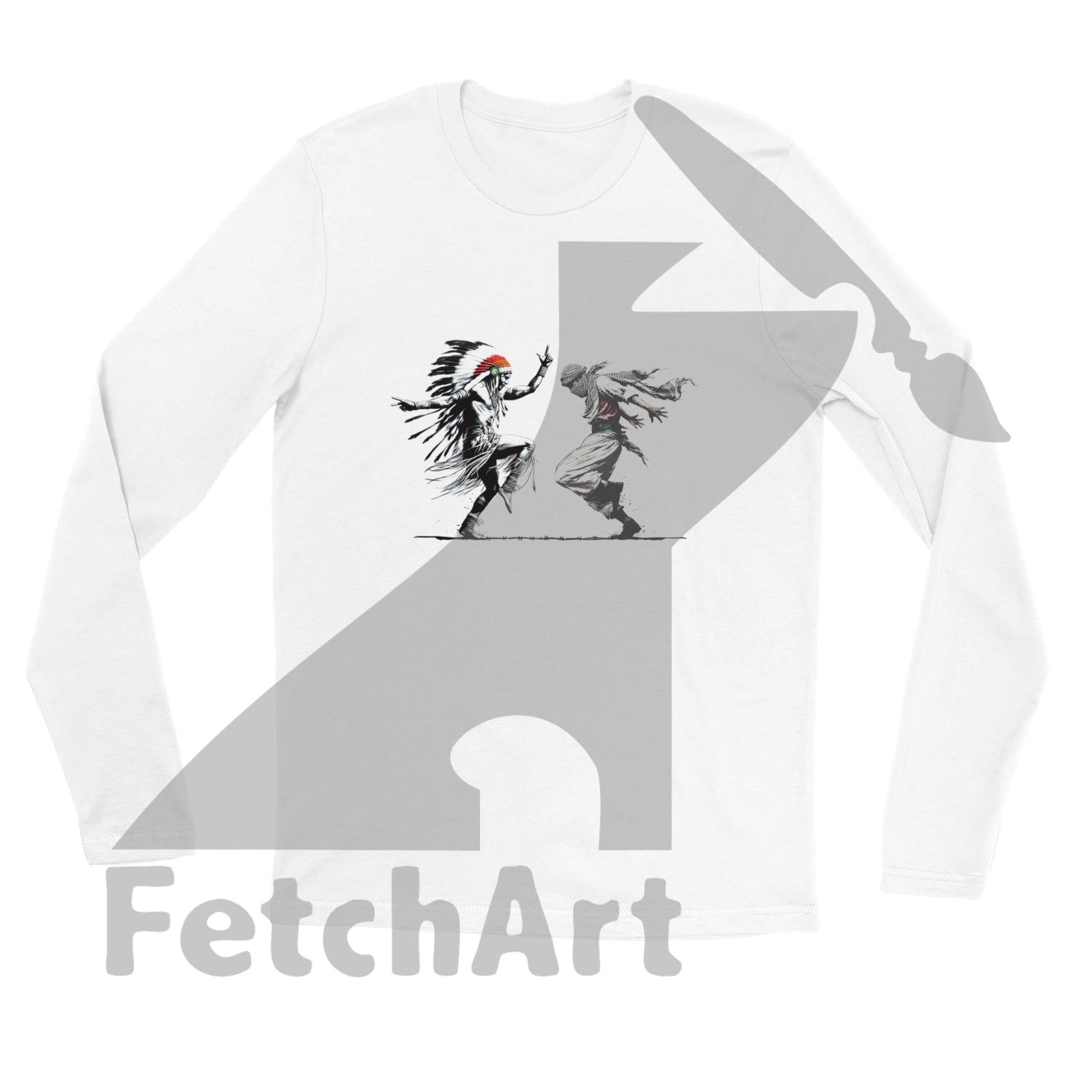 Close-up of Freedom Dance design on premium unisex long sleeve t-shirt