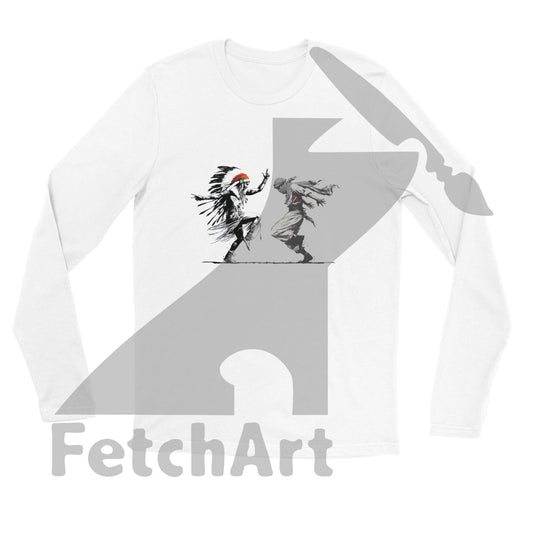 Close-up of Freedom Dance design on premium unisex long sleeve t-shirt