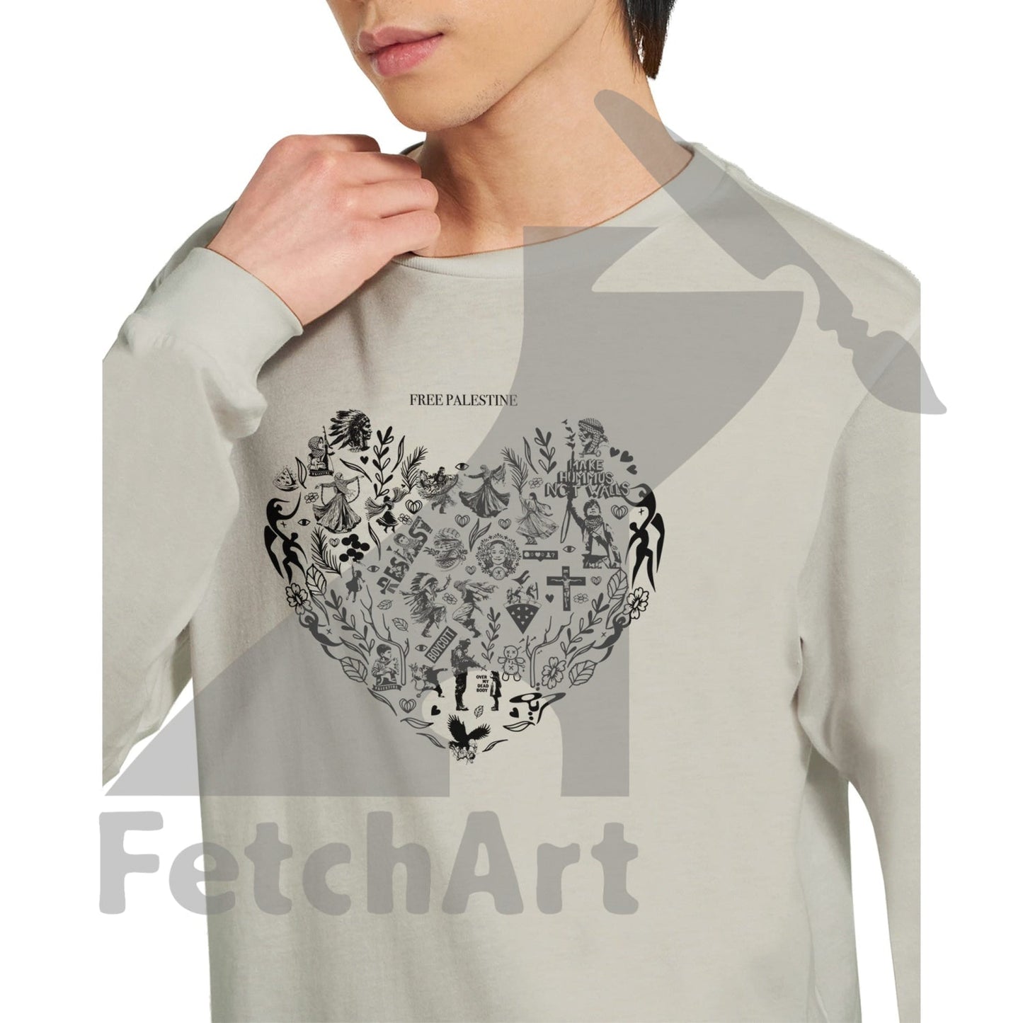 Close-up of Heart artwork on unisex longsleeve t-shirt