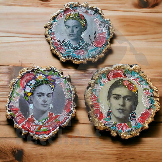 3 Real Natural Tree Sliced Coasters with Frida Kahlo