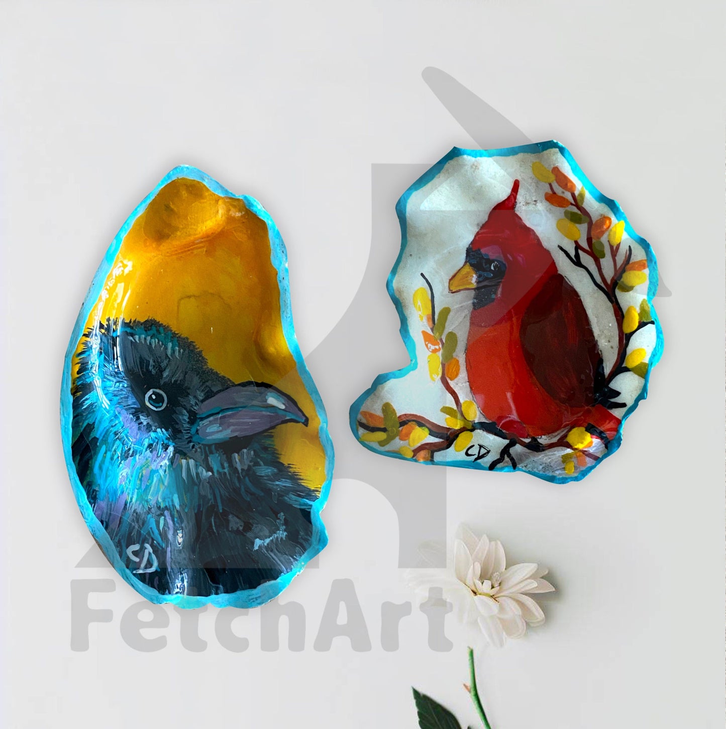 seashells with a cardinal and a crow