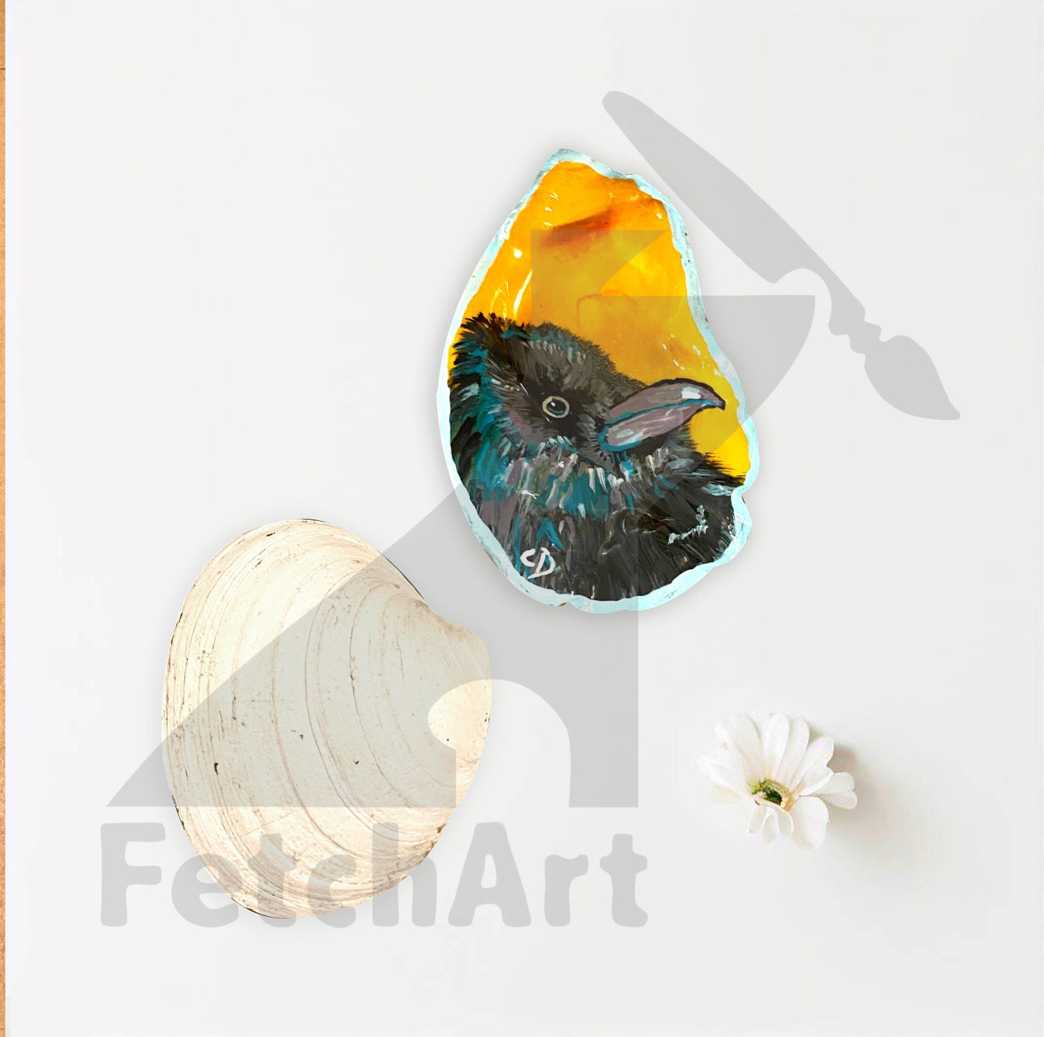 crow with yellow background front and back of seashell