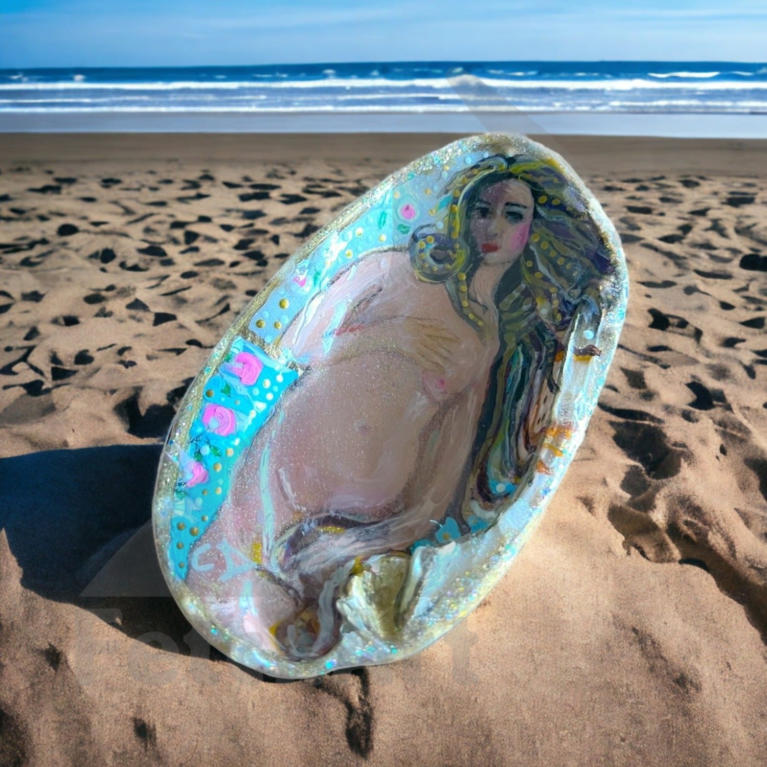 Real Shell Oyster with Acrylic Painting with a The Birth of Venus