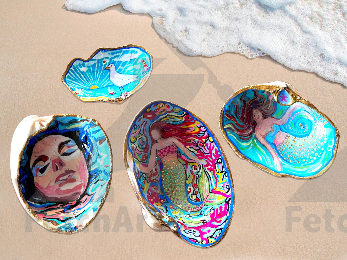 Seashell Acrylic Painting: Seagull, Woman, Mermaids - Original Resin Art - Coastal Delight Fetch Art