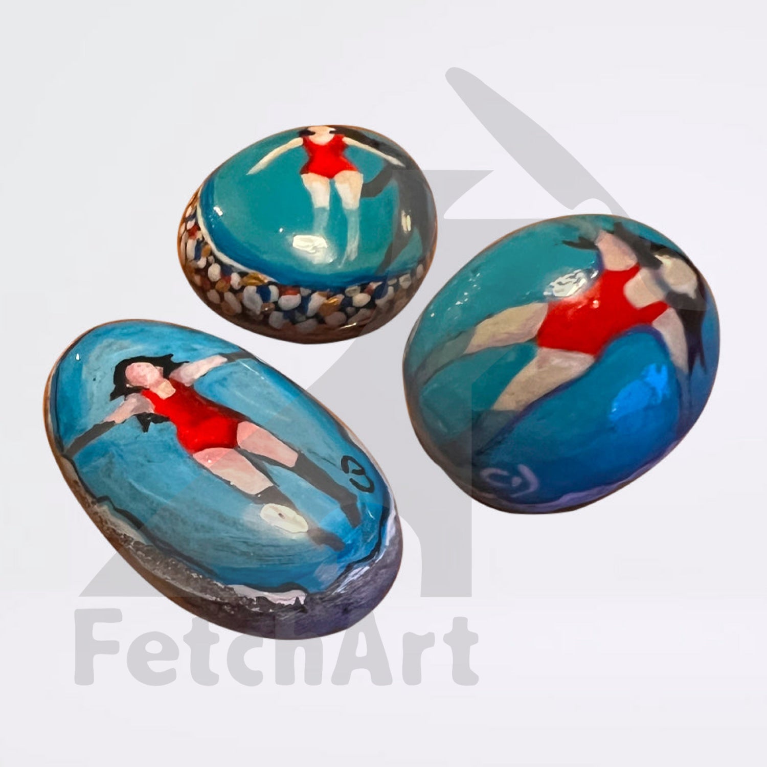 Summer drift woman floating in water hand painted beach stone (single piece) Bathroom Décor